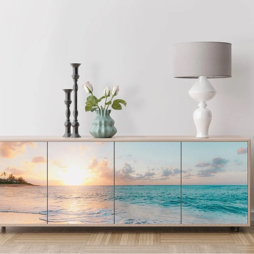 Sunset Shore Wallpaper Mural - Blue & Cream Beach Scene
